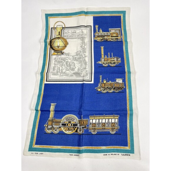 ULSTER WEAVERS Irish LINEN Tea Kitchen Towel TRAINS  Ireland Unused Vintage - Picture 1 of 7